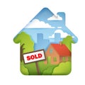 Houses for sale, realtor, house sold signs, paper style 3D volumetric layers