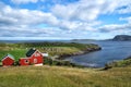 Houses on sea coast on cloudy sky in Torshavn, Denmark. Wooden houses on seascape. Beautiful landscape view. Summer Royalty Free Stock Photo