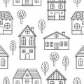 Houses seamless pattern. Vector hand-drawn illustration of a building in a simple childish cartoon style. Royalty Free Stock Photo