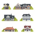 Houses set. Suburban American houses exterior flat design front view with roof and some trees. Collection of classic and modern Royalty Free Stock Photo