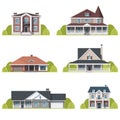 Houses set. Suburban American houses exterior flat design front view with roof and some trees. Collection of classic and modern Royalty Free Stock Photo