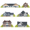 Houses set. Suburban American houses exterior flat design front view with roof and some trees. Collection of classic and modern Royalty Free Stock Photo