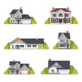 Houses set. Suburban houses exterior flat design front view with roof and some trees. Collection of classic and modern houses Royalty Free Stock Photo