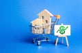 Houses in a shopping cart and an easel with a green up arrow chart. Market growth, attracting investment. Raising taxes and house Royalty Free Stock Photo