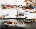 Houses on the shore of Sogne fjord in winter. Norway, Europe