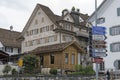 Houses and a small wooden building in Schwyz Royalty Free Stock Photo