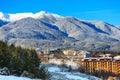 Houses and snow mountains in Bansko, Bulgaria Royalty Free Stock Photo