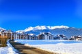 Houses and snow mountains panorama in Bansko, Bulgaria Royalty Free Stock Photo