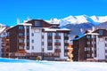 Houses and snow mountains panorama in Bansko, Bulgaria Royalty Free Stock Photo