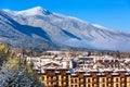 Houses and snow mountains in Bansko, Bulgaria Royalty Free Stock Photo