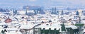 Houses with snow roofs panorama in bulgarian ski resort Bansko Royalty Free Stock Photo