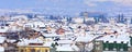 Houses with snow roofs panorama in bulgarian ski resort Bansko Royalty Free Stock Photo