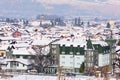 Houses with snow roofs panorama in bulgarian ski resort Bansko Royalty Free Stock Photo