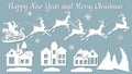 Houses, spruce, wood, sleigh, reindeer. Vector. Plotter cutting. Cliche. The image with the inscription - merry Royalty Free Stock Photo