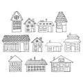 Houses on a street. Black and white coloring illustration.