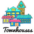 Houses on a street. Illustration of a city landscape with townhouse. Doodle style