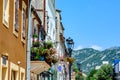 Houses on a street in the town of Cetinje with a view of the mountains, Montenegro Royalty Free Stock Photo