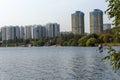 Houses in Strogino on the background of the river, Moscow Royalty Free Stock Photo