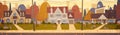 Houses Suburb Of Big City In Autumn, Cottage Real Estate Cute Town Concept