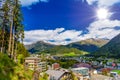 Houses in town village in Alps mountains, Davos, Graubuenden, S Royalty Free Stock Photo