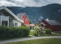 Houses in a traditional Norwegian village, Scandinavian architecture. Travel to Norway Royalty Free Stock Photo