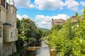 Houses and trees on the banks of the Muhlbach stream in Baden. Austria