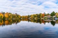 Houses among trees and boathouses on the shores of a beautiful lake in autumn