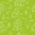 houses and trees seamless pattern. city street vector illustration hand drawn in doodle line art style. Royalty Free Stock Photo