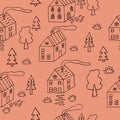 houses and trees seamless pattern. city street vector illustration hand drawn in doodle line art style. Royalty Free Stock Photo