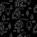 houses and trees seamless pattern. city street vector illustration hand drawn in doodle line art style. Royalty Free Stock Photo