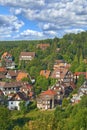 Houses, trees in village or countryside landscape, travel and adventure location with hill, nature and buildings Royalty Free Stock Photo