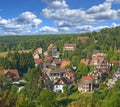 Houses, village or countryside landscape, travel and adventure location with trees in nature and buildings outdoor Royalty Free Stock Photo