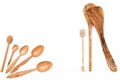 Houseware: wooden kitchen utensils, isolated on white background top view. Zero waste, eco friendly concept. Flat lay