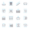 Housewares shop linear icons set. Kitchenware, Glassware, Cookware, Tableware, Cutlery, Bakeware, Utensils line vector