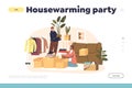 Housewarming party concept of landing page with couple moving to new house unpacking clothes