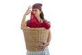 Housewife Asian woman carrying laundry cloth basket at home isolated on white background she is smelly stinky musty from clothes