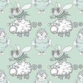 Housewife, bee and sheep seamless pattern