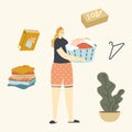 Housewife Character Holding Basin with Dirty or Clean Wet Clothes. Woman Wash Linen with Stains in Bathroom or Laundry