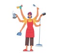 Housewife Character with Many Arms Holding Different Household Supplies Teapot, Scoop, Brush and Detergent with Pan