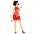 Housewife character on red dress on white background Royalty Free Stock Photo