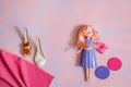 Housewife cleaner. lady housewife, fashionable dress, doll fashion. The girl is cooking pasta. Copy space. Flat Lay. Top