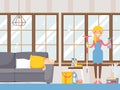 Housewife cleaning apartment, vector illustration. Smiling woman in apron with mop in sparkling clean living room with