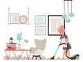 Housewife cleaning apartment, vector illustration. Woman with vacuum cleaner doing everyday household chores. Clean and