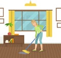 Housewife Cleaning Floor with Mop, Young Woman Mopping Room Vector Illustration