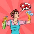 Housewife Cleaning the House with Spray and Rag. Pop Art. Vector Royalty Free Stock Photo