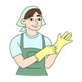 Housewife, cleaning, job career concept. Young woman professional cleaner in apron. Vector illustration. Cartoon style