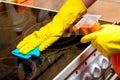 Housewife cleans glass ceramic hob - gloved hands with a rag Royalty Free Stock Photo