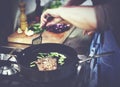 Housewife Cooking Grilled Steak Dinner Concept Royalty Free Stock Photo