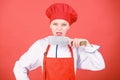 Housewife with cooking knife. butcher cut meat. woman in cook hat and apron. professional chef in kitchen. Cuisine Royalty Free Stock Photo