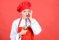 Housewife with cooking knife and onion. professional chef in kitchen crying. Cuisine. woman in cook hat and apron. happy Royalty Free Stock Photo